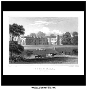 Irnham Hall, Lincolnshire, England. Antique Print, Steel Engraving c. 1830.