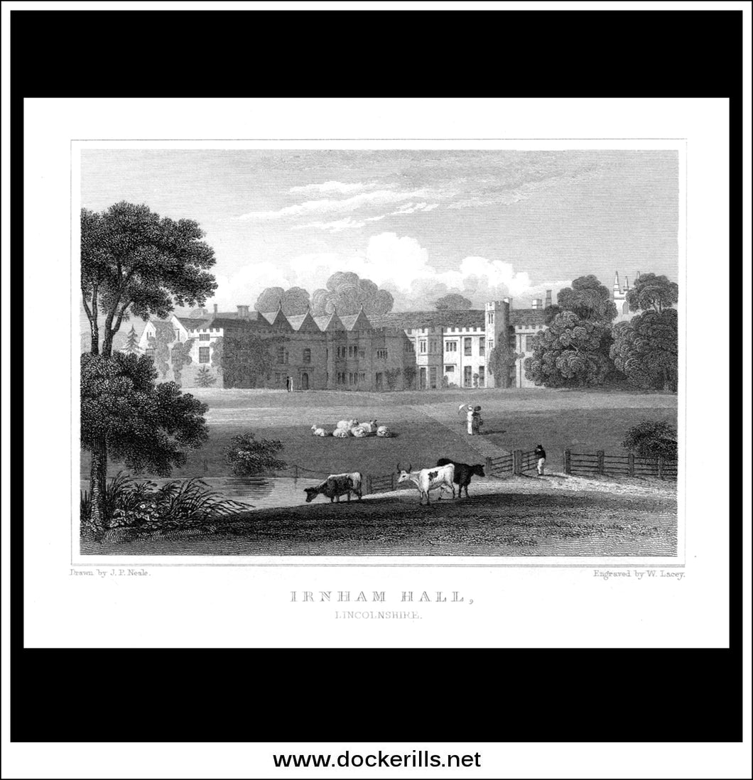 Irnham Hall, Lincolnshire, England. Antique Print, Steel Engraving c. 1830.