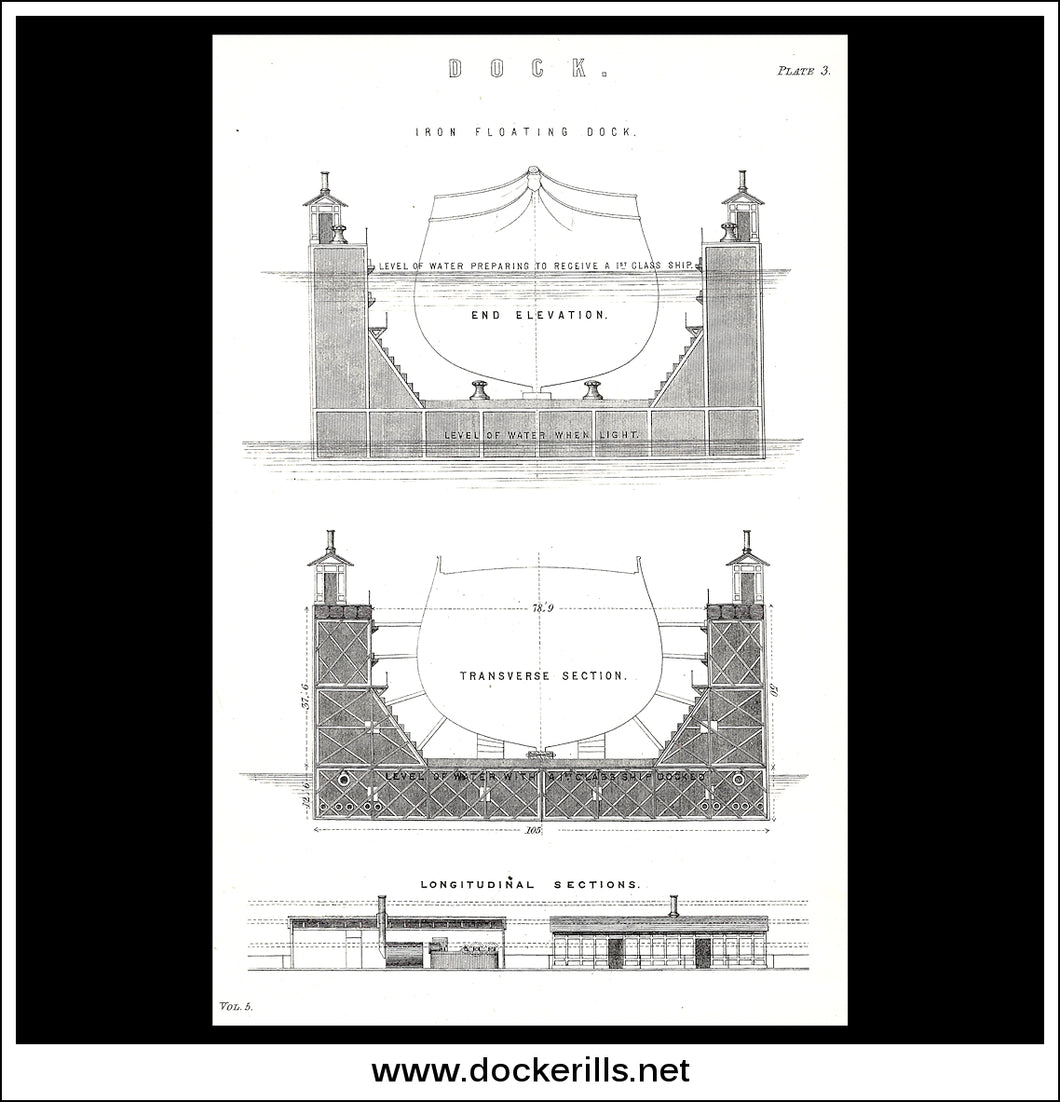 Iron Floating Dock. Antique Print, Lithograph c. 1880.