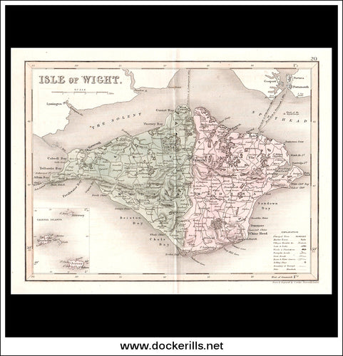 Map Of The Isle Of Wight, England. Antique Print, Steel Engraving c. 1846.