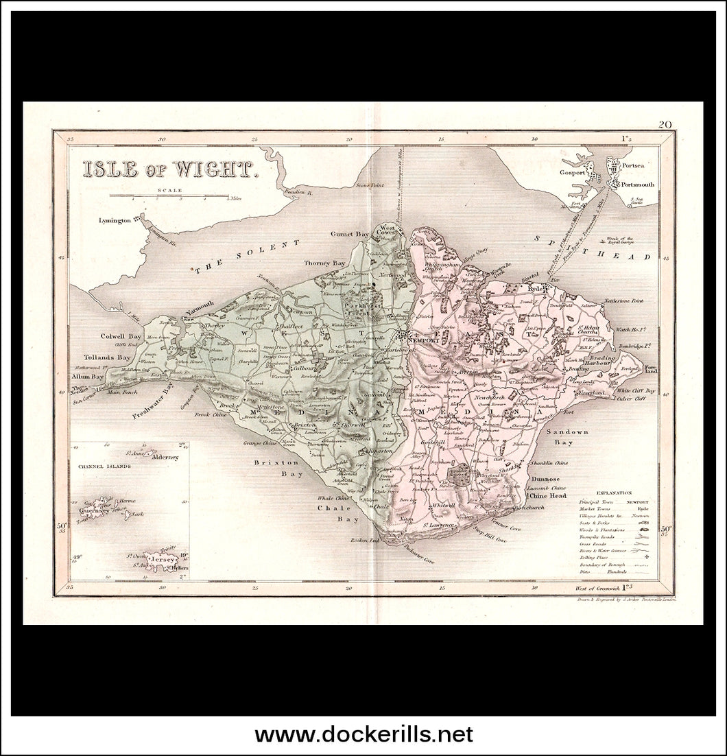 Map Of The Isle Of Wight, England. Antique Print, Steel Engraving c. 1846.