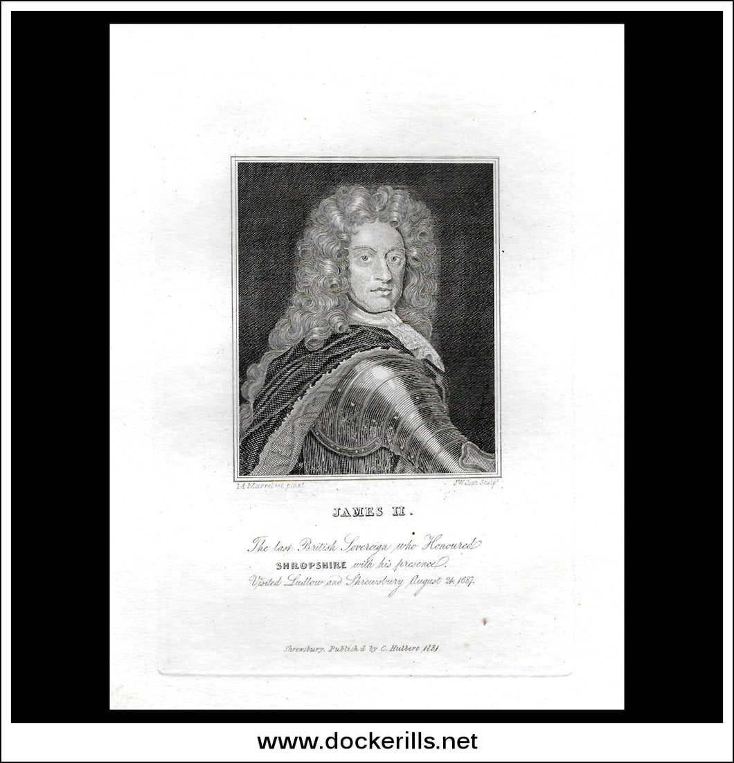 King James II, England. Antique Print, Steel Engraving 183. Visit to Shropshire 1687.