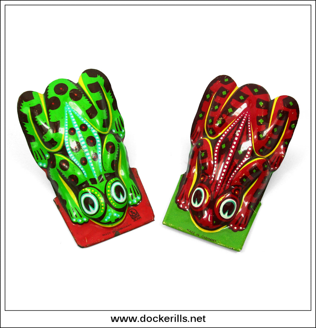 Two Frog Clicker Toys, Vintage Tin Plate Novelty Toys, Jean, Germany.