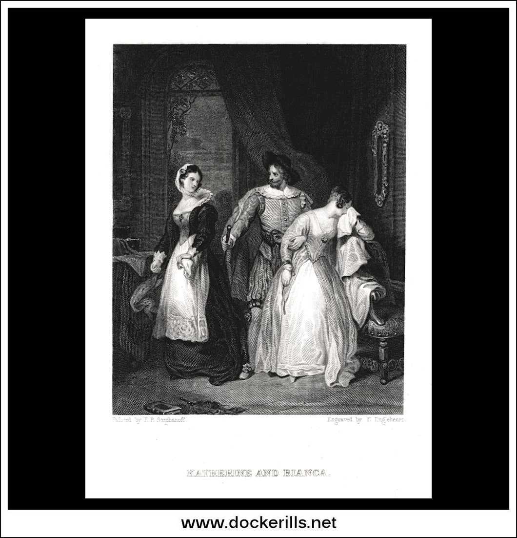 Katherine And Bianca, F.P. Stephanoff, Antique Print, Steel Engraving c. 1870.