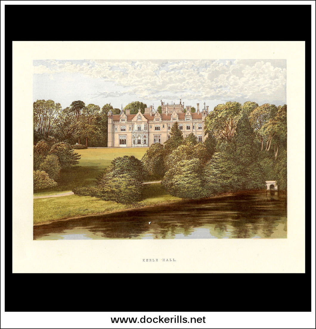 Keele Hall, Near Newcastle-Under-Lyme, Staffordshire, England. Antique Print, Chromoxylograph 1880.