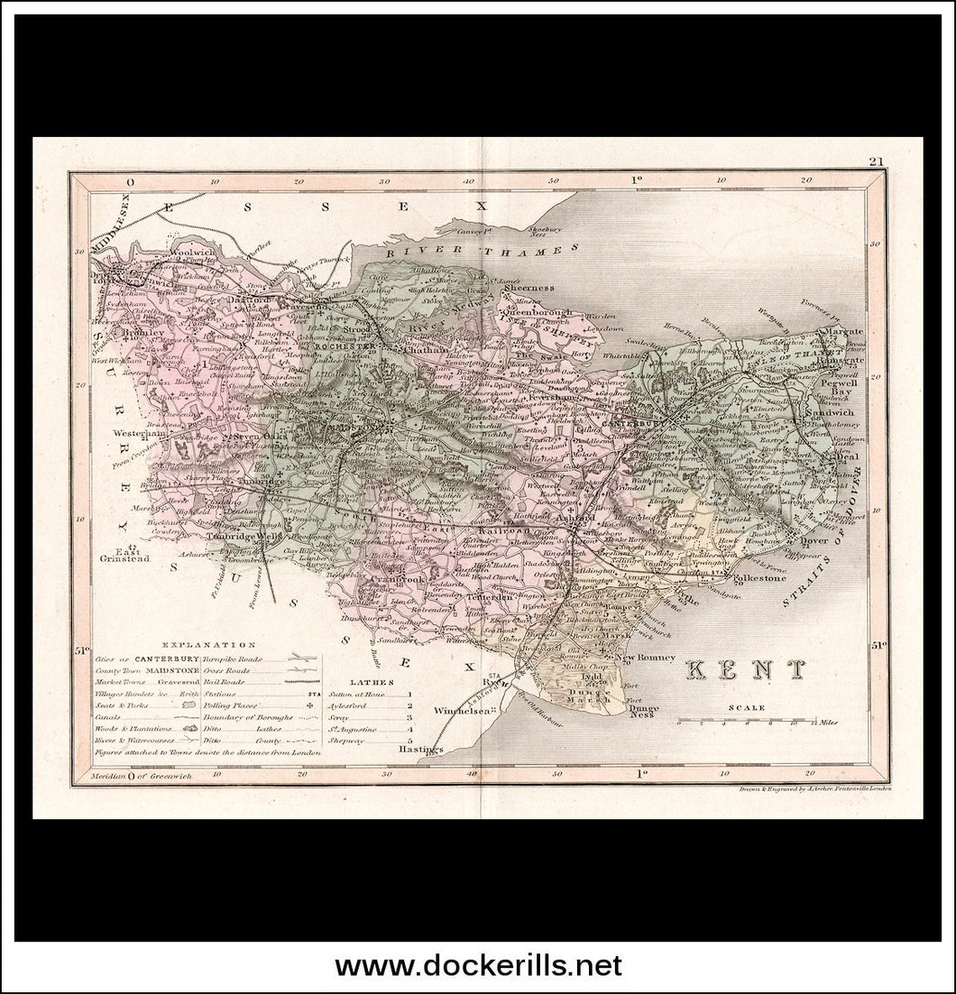 Map Of Kent, England. Antique Print, Steel Engraving c. 1846.