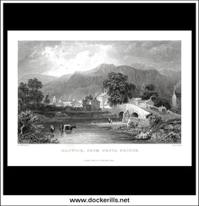 Keswick From Greta Bridge, Cumberland, England. Antique Print, Steel Engraving 1833.