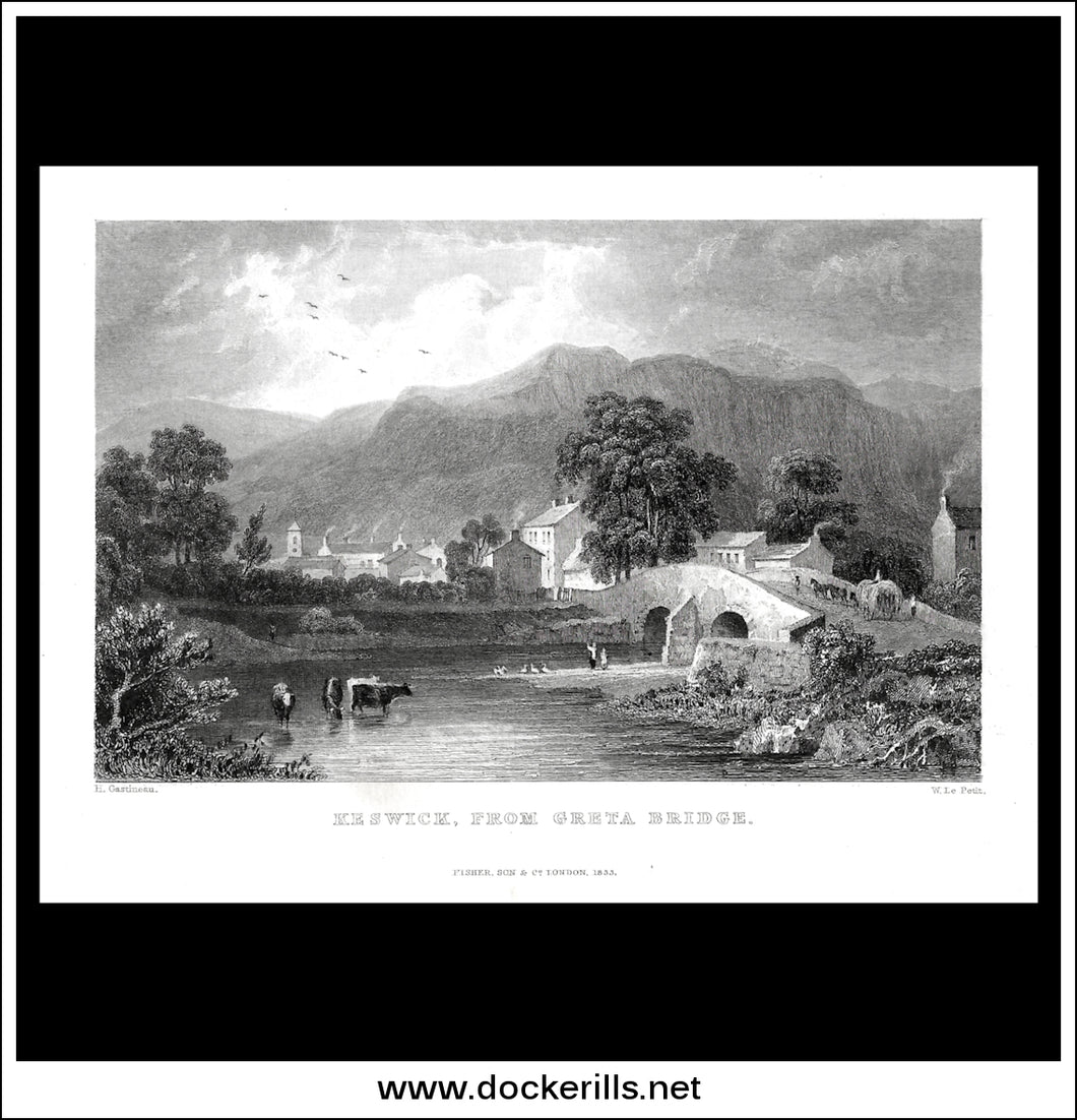 Keswick From Greta Bridge, Cumberland, England. Antique Print, Steel Engraving 1833.