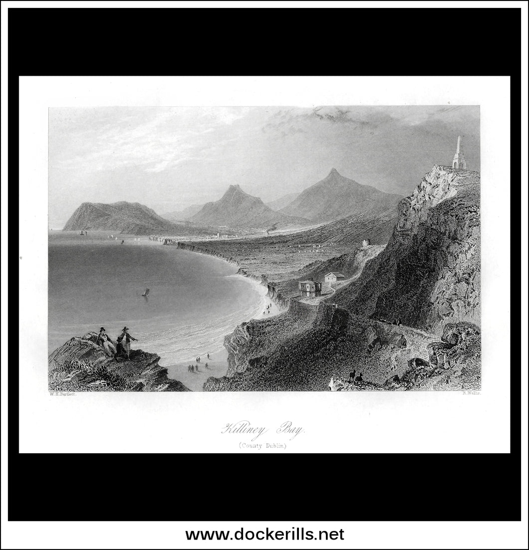 Killiney Bay, Co. Dublin, Ireland. Antique Print, Steel Engraving c. 1840.
