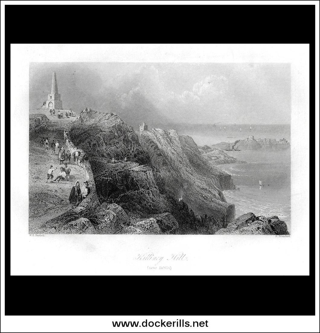 Killiney Hill, Co. Dublin, Ireland. Antique Print, Steel Engraving c. 1840.