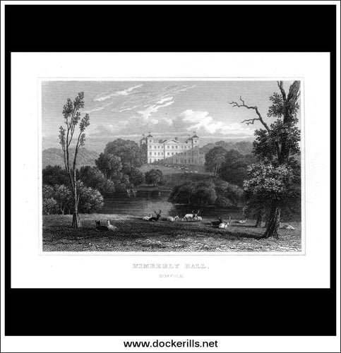 Kimberly Hall, Norfolk, England. Antique Print, Steel Engraving c. 1830.