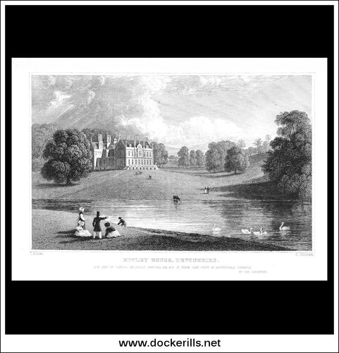 Kitley House,  Devonshire, England. Antique Print, Steel Engraving c. 1830.
