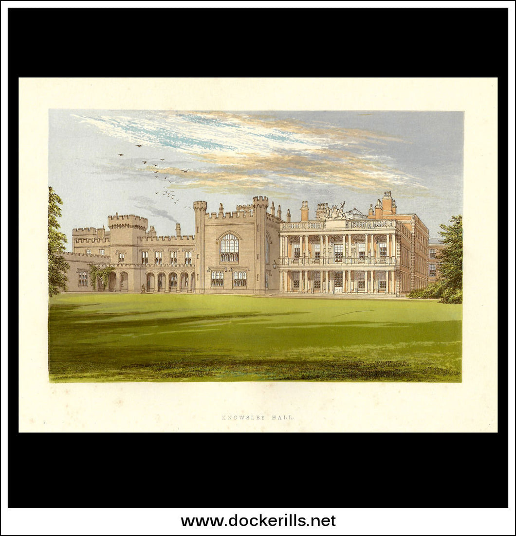 Knowsley Hall, Near Prescot, Lancashire, England. Antique Print, Chromoxylograph 1880.