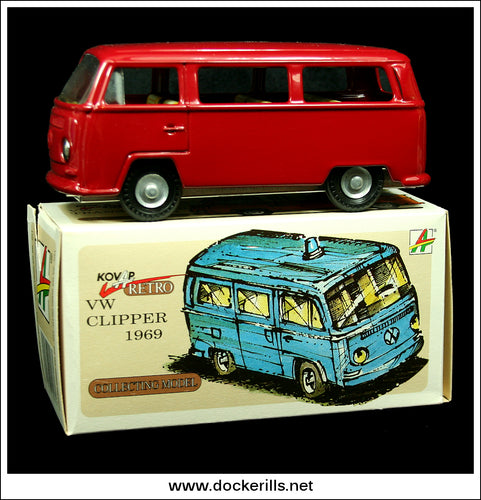 VW Clipper / Van / Camper / Bus 1969 (Red). Tin Plate Clockwork Toy, Kovap, Czech Republic. Ex. CKO.