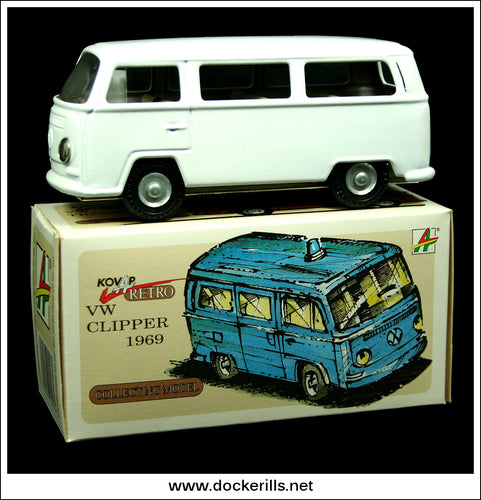 VW Clipper / Van / Camper / Bus 1969 (White). Tin Plate Clockwork Toy, Kovap, Czech Republic. Ex. CKO