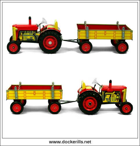 Zetor Tractor & Trailer (Red). Tin Plate Toy, Kovap, Czech Republic 1.