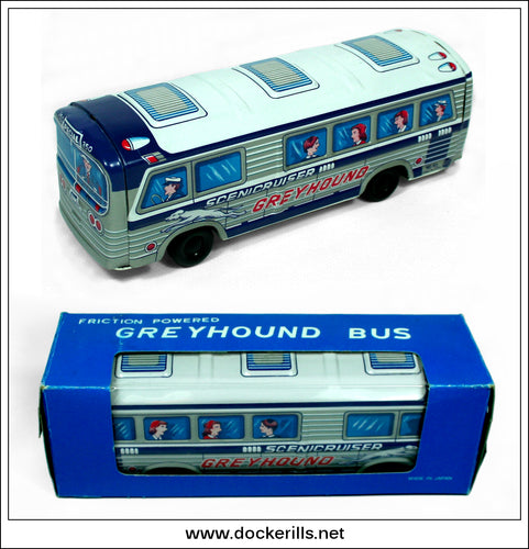 Vintage Tin Plate Greyhound Scenic Cruiser Bus Friction Toy, Kyowa, Japan 1.