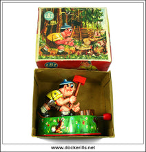 LBZ Wood Cutter Saving Bank, Vintage Tin Plate Novelty Money Box / Money Bank Toy, West Gemany 1.