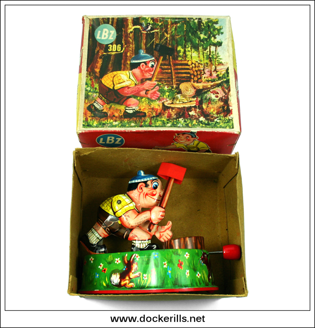 LBZ Wood Cutter Saving Bank, Vintage Tin Plate Novelty Money Box / Money Bank Toy, West Gemany 1.