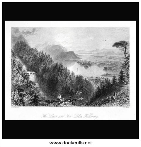 Lakes Of Killarney, Co. Kerry, Ireland. Antique Print, Steel Engraving 1840.