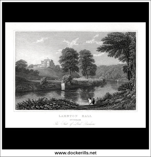 Lambton Hall, County Durham, England. Antique Print, Steel Engraving c. 1830.