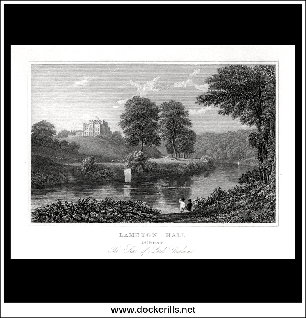 Lambton Hall, County Durham, England. Antique Print, Steel Engraving c. 1830.