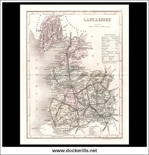 Map Of Lancashire, England. Antique Print, Steel Engraving c. 1846.
