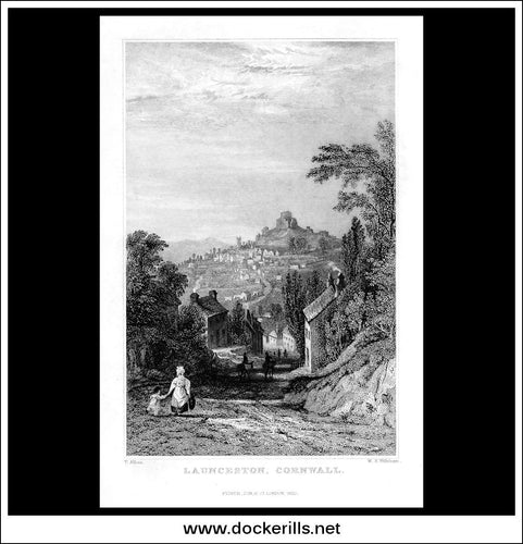 Antique Print Launceston, Cornwall, England. Steel Engraving c. 1830.