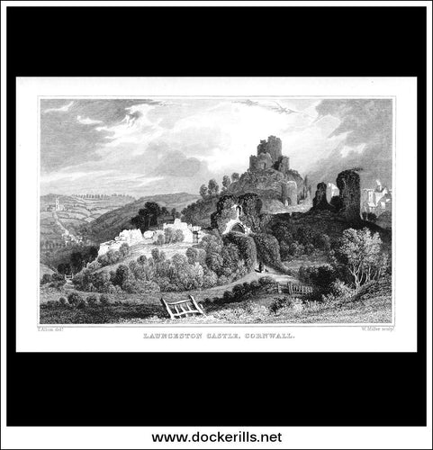 Antique Print Launceston Castle, Cornwall, England. Steel Engraving c. 1830.