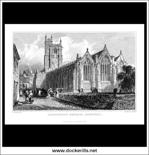 Launceston Church, Cornwall, England. Antique Print, Steel Engraving c. 1830.