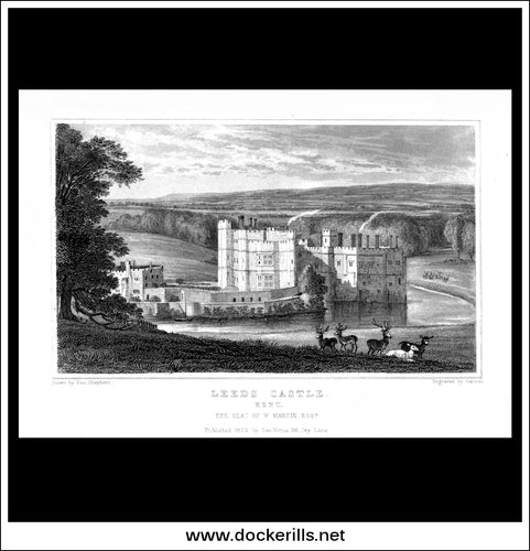 Leeds Castle, Kent, England. Antique Print, Steel Engraving 1829.