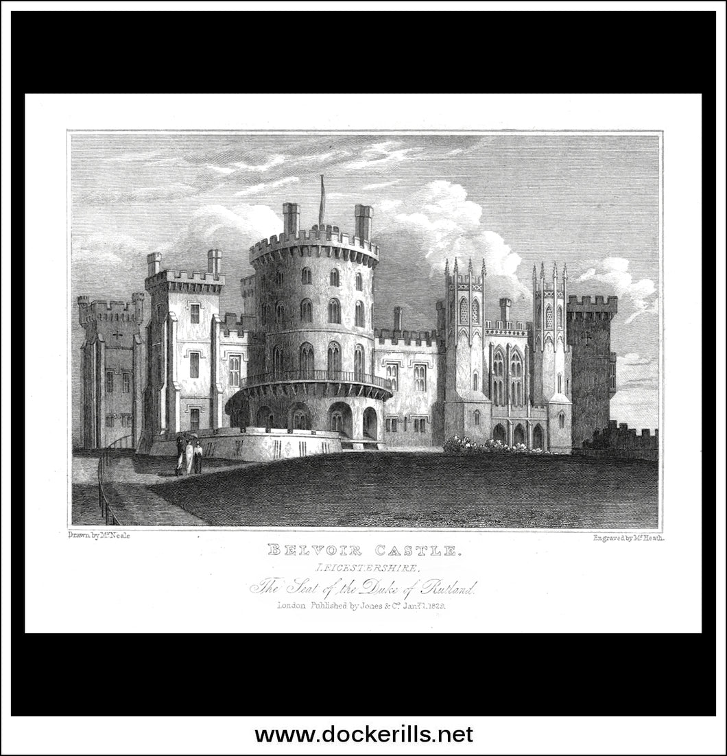 Belvoir Castle, Leicestershire, England. Antique Print, Steel Engraving 1829.