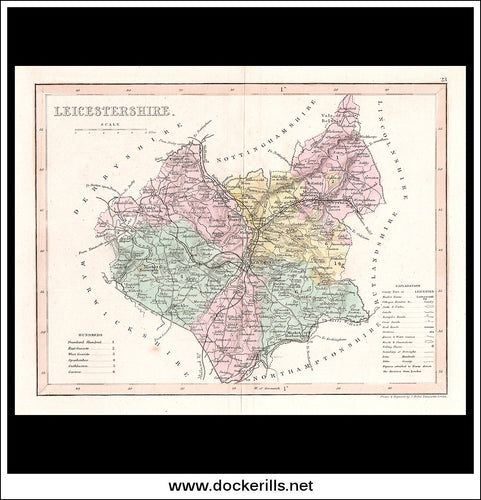 Map Of Leicestershire, England. Antique Print, Steel Engraving c. 1846.