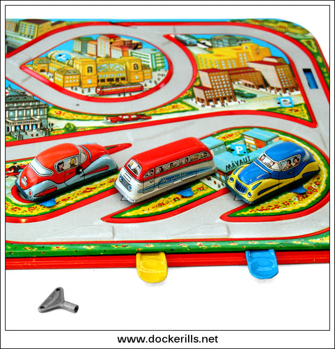Közlekedési játék, Traffic Game. Vintage Clockwork Tin Plate Toy, Lemezaru Gyar, Hungary. (Ex. Technofix) 2.