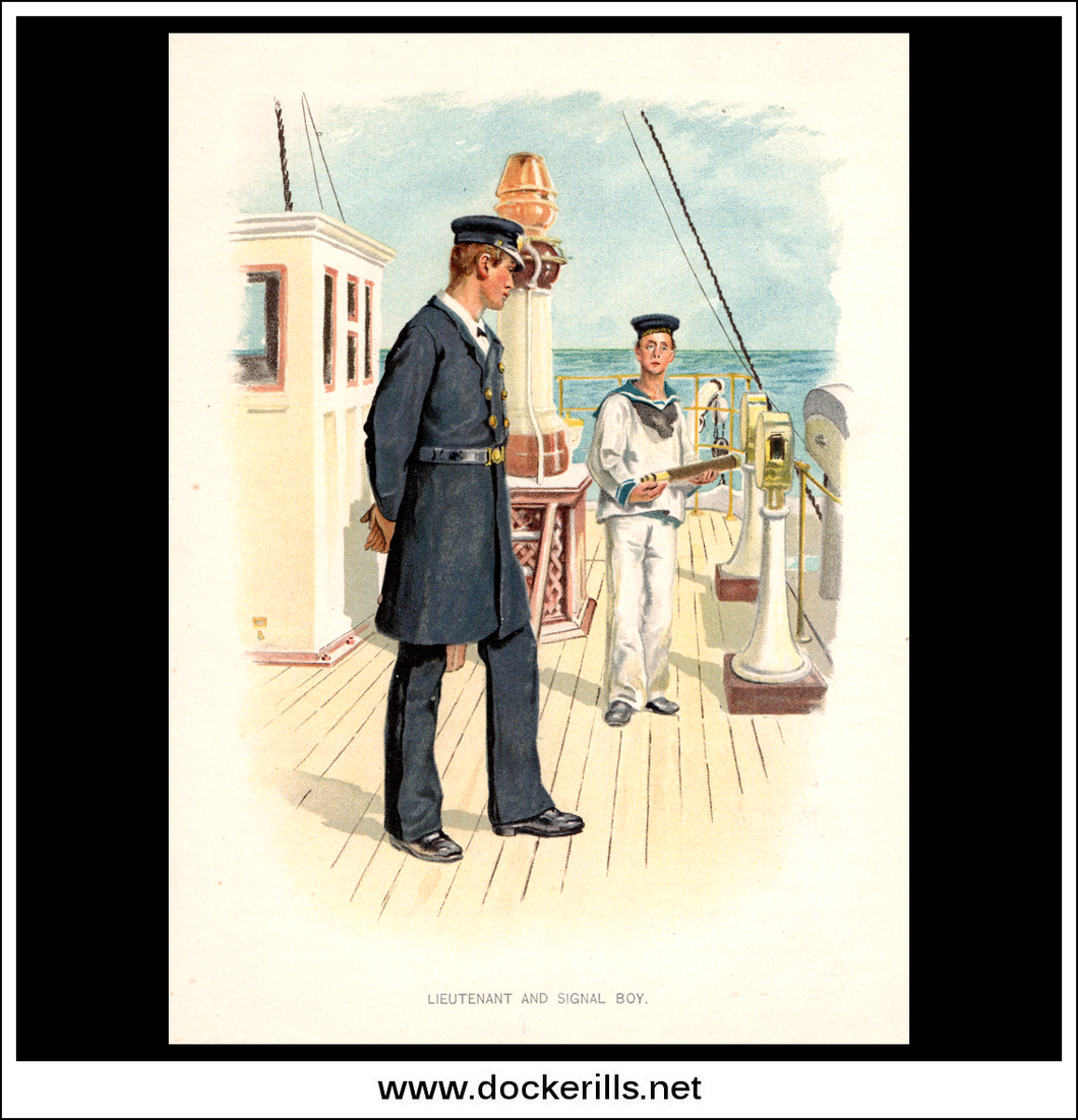 Lieutenant And Signal Boy (19th Century), Her Majesty's Navy. Antique Print c. 1890.