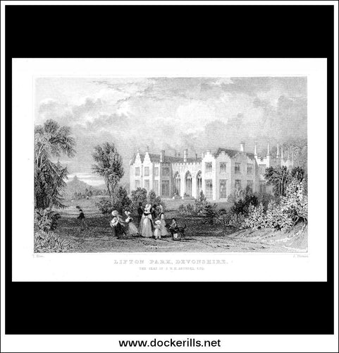 Lifton Park, Devonshire, England. Antique Print, Steel Engraving c. 1830.