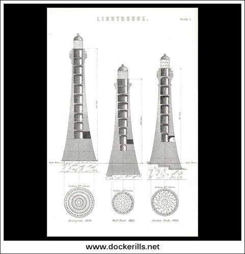 Light House - Sectional Views Of Skerryvore, Wolf Rock & Chicken Rock Lighthouses. Antique Print, Lithograph c. 1880.