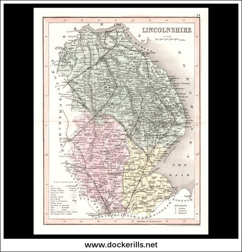 Map Of Lincolnshire, England. Antique Print, Steel Engraving c. 1846.