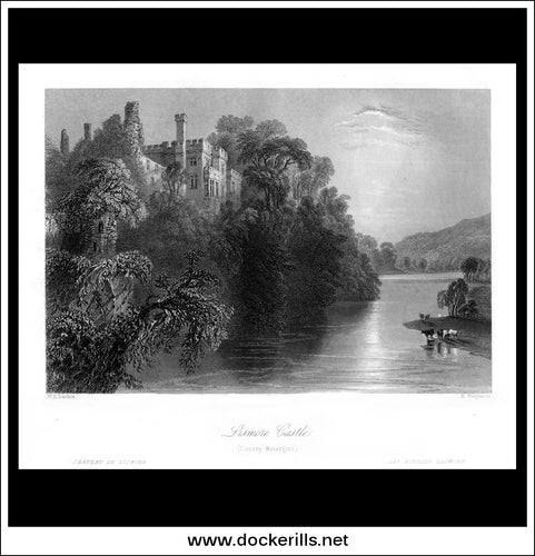 Lismore Castle, Co. Wexford, Ireland. Antique Print, Steel Engraving c. 1840.