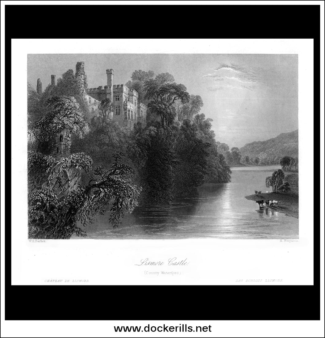 Lismore Castle, Co. Wexford, Ireland. Antique Print, Steel Engraving c. 1840.