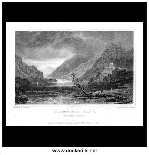 Llanberis Lake, Caernarvonshire, Wales. Antique Print, Steel Engraving c. 1830.