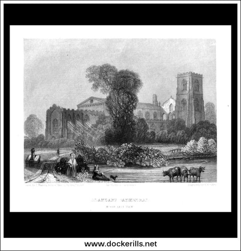Llandaff Cathedral, North East View, Glamorganshire, Wales. Antique Print, Steel Engraving c. 1830.