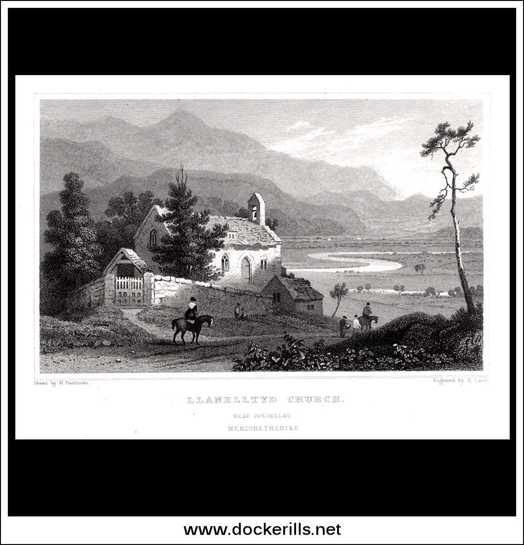 Llanelltyd Church Near Dolgelleau, Merionethshire, Wales. Antique Print, Steel Engraving c. 1830.