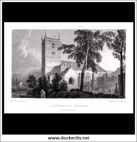 Llangollen Church, Denbighshire, Wales. Antique Print, Steel Engraving c. 1830.