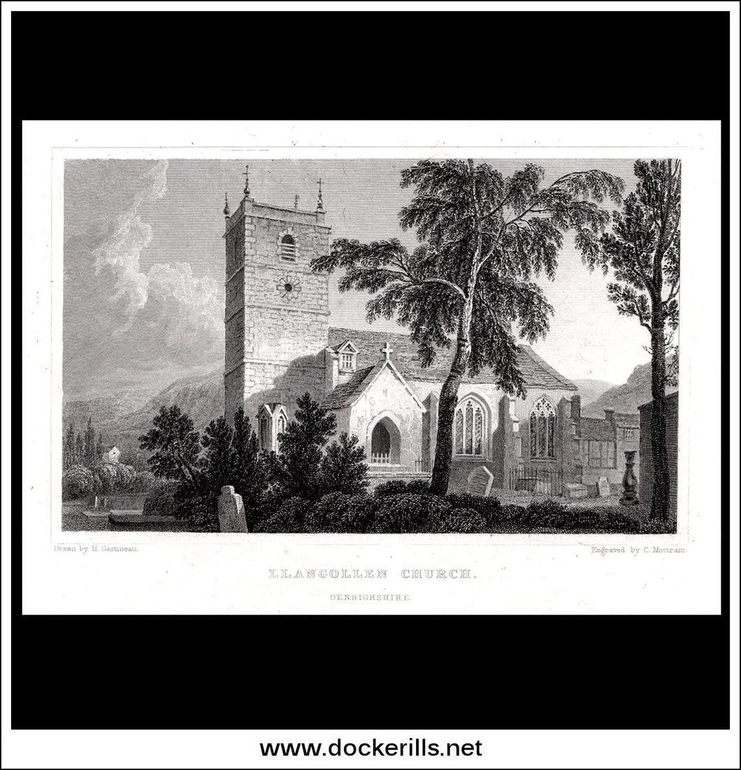 Llangollen Church, Denbighshire, Wales. Antique Print, Steel Engraving c. 1830.