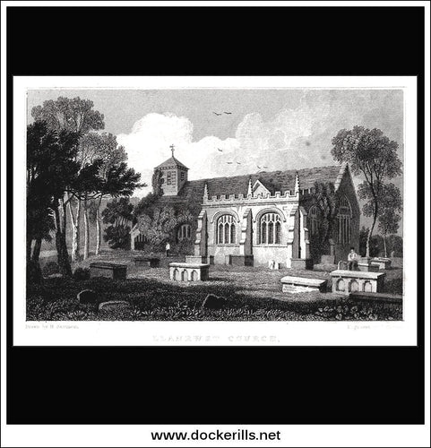 Llanrwst Church, Denbighshire, Wales. Antique Print, Steel Engraving c. 1830.