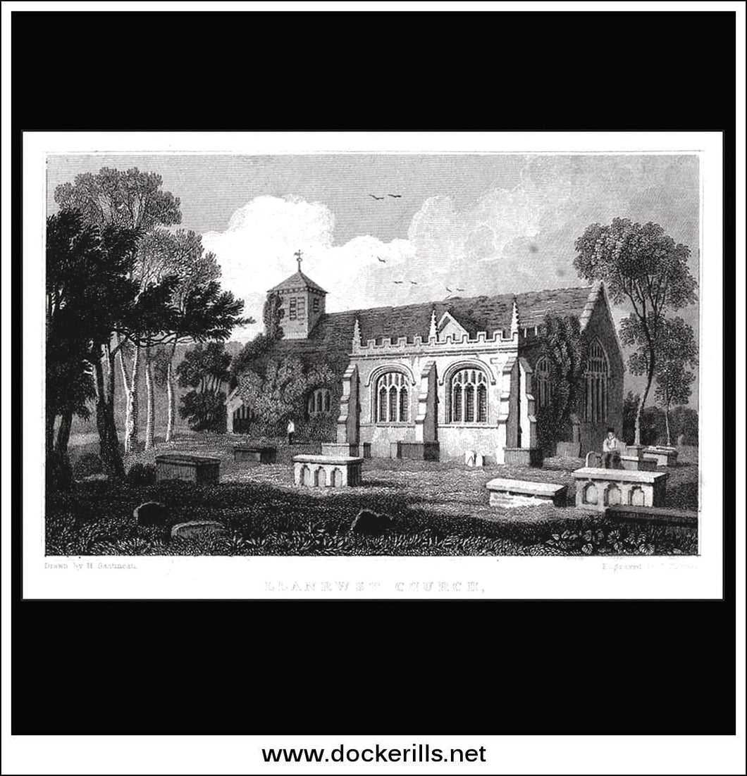 Llanrwst Church, Denbighshire, Wales. Antique Print, Steel Engraving c. 1830.