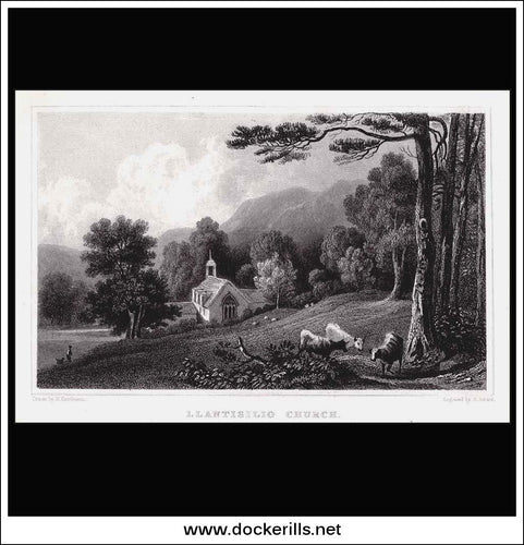 Llantisilio Church, Denbighshire, Wales. Antique Print, Steel Engraving 1831.