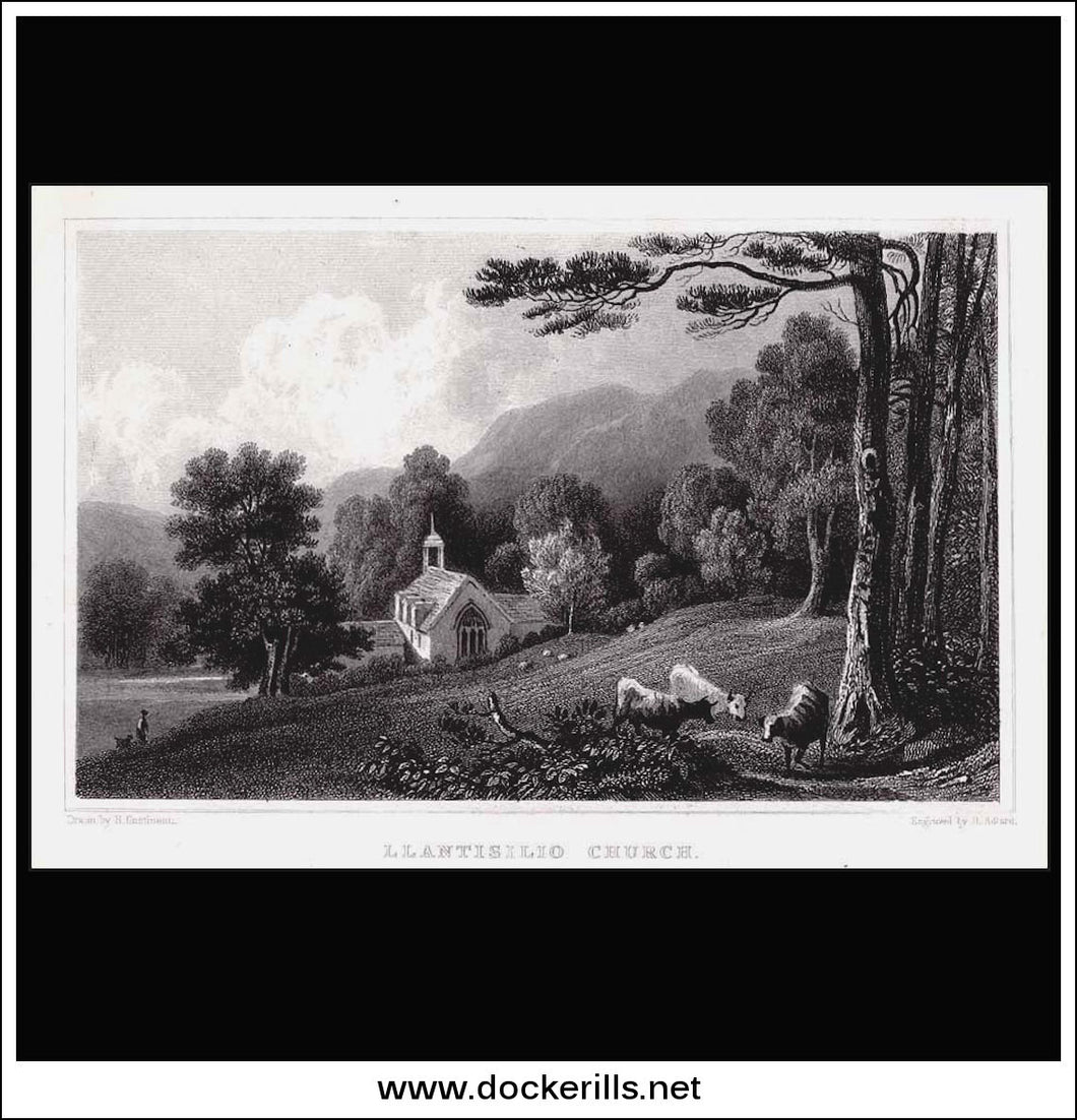 Llantisilio Church, Denbighshire, Wales. Antique Print, Steel Engraving 1831.