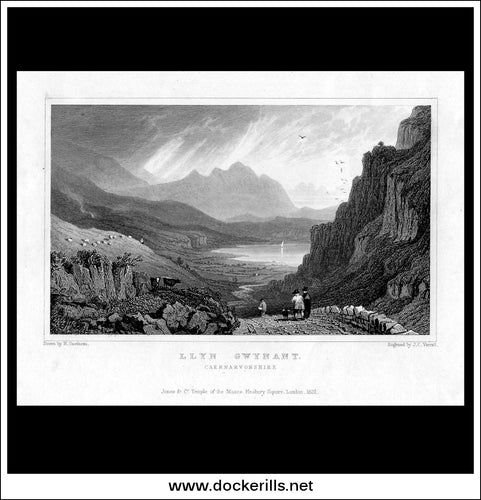 Llyn Gwynant, Caernarvonshire, Wales. Antique Print, Steel Engraving c. 1830.